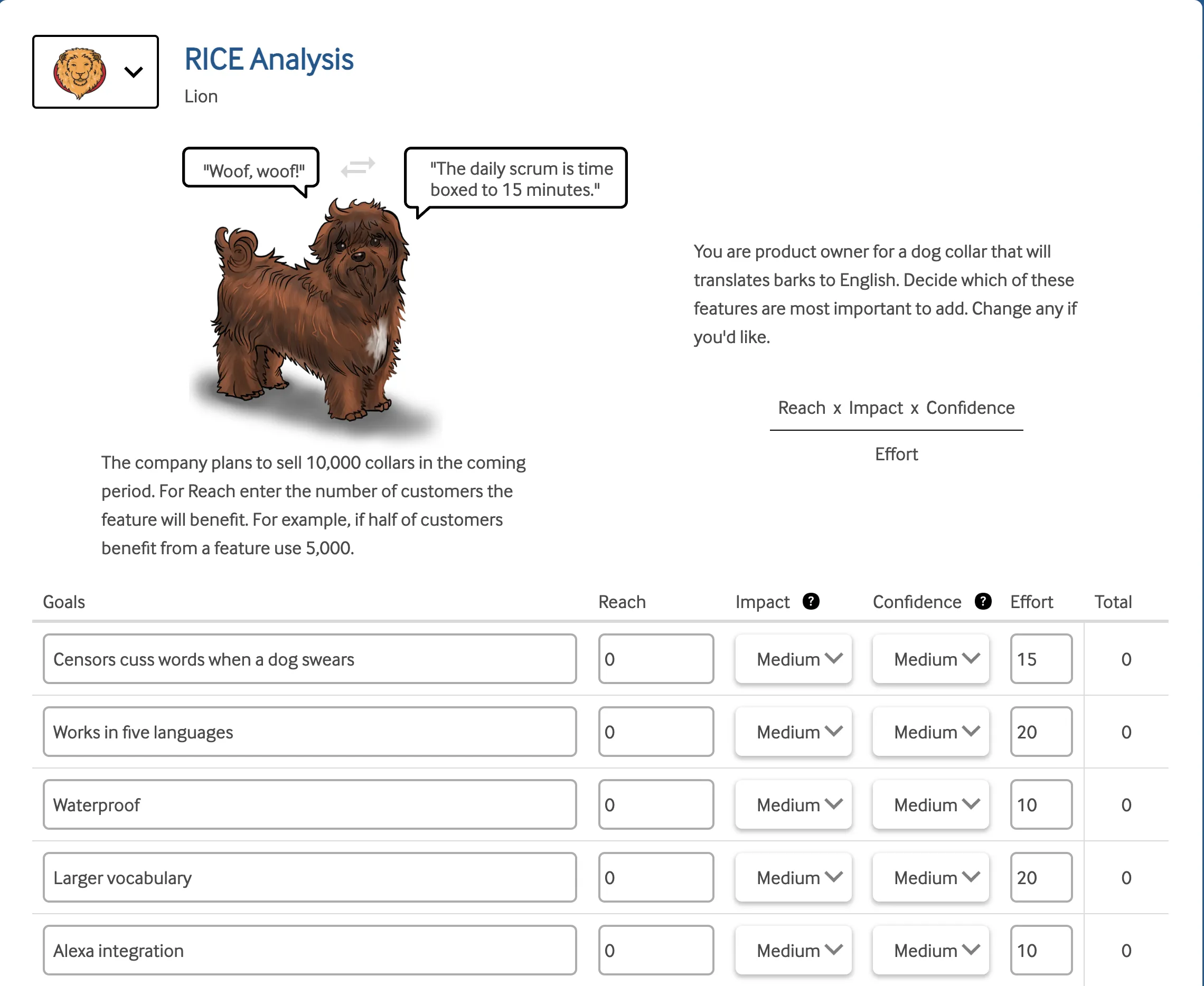 RICE analysis exercise for prioritizing product features by reach, impact, confidence, and effort