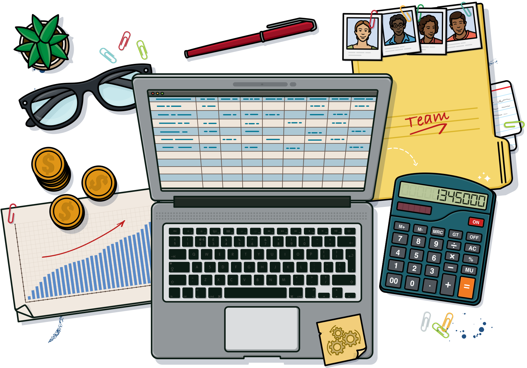 Laptop, calculator, coins, and team-planning materials
